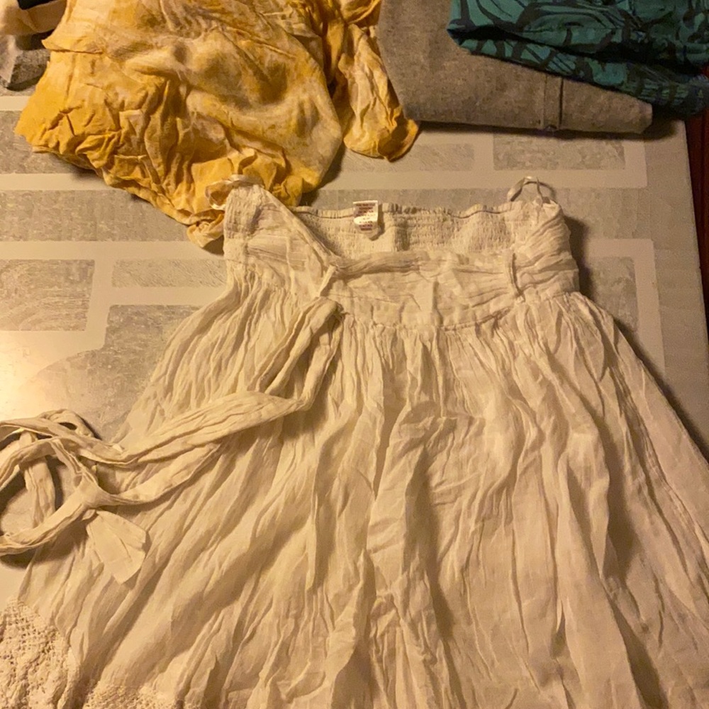 White cotton boho mini skirt with elastic and tie waist